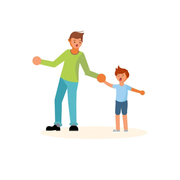 Father pulls the hand of a capricious son — Stock Vector