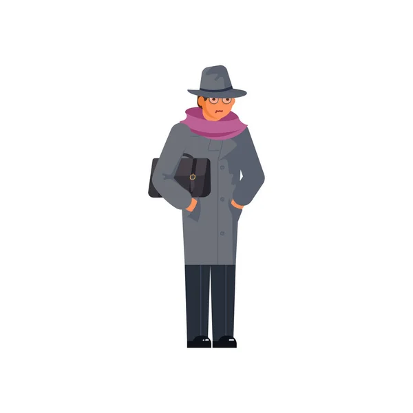 Hombre misterioso con un sombrero gris y un abrigo — Vector de stock