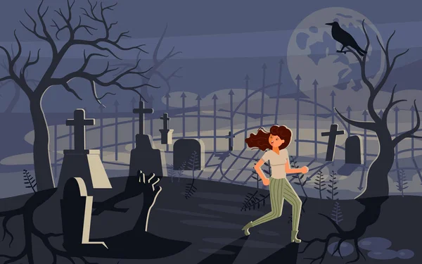 Gadis menjerit ketakutan dan melarikan diri dari zombie — Stok Ilustrasi Gadis menjerit ketakutan dan melarikan diri dari zombie Stok Vektor