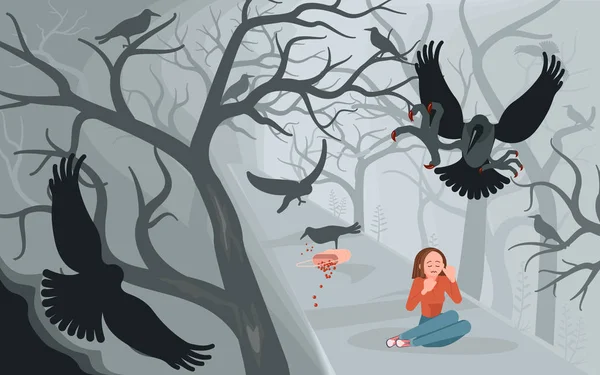Corvi e donna sola su sfondo spaventoso Halloween — Vettoriale Stock