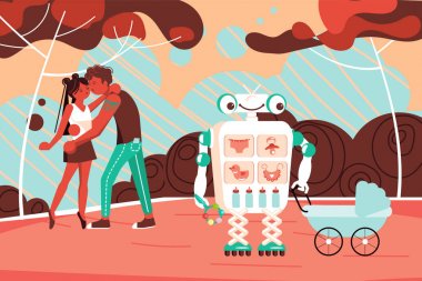 Robot Yardımcısı parkta bir bebek ile yürüyor