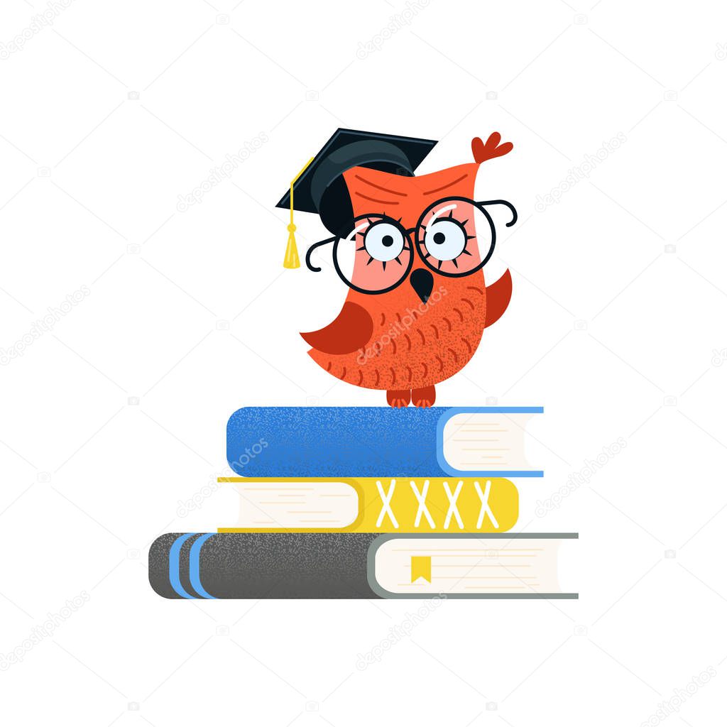 Colorful Educational logo and Back to school concept. Wise owl in graduate cap sitting on a stack of books. Flat Art Vector illustration