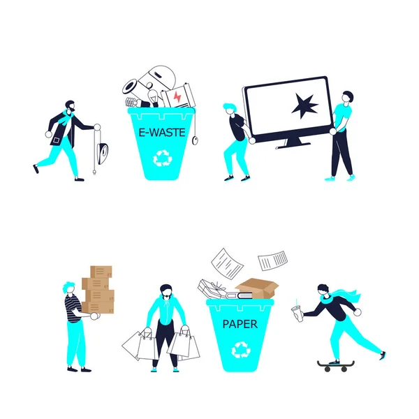 Small people Characters throw garbage in container — Stock Vector