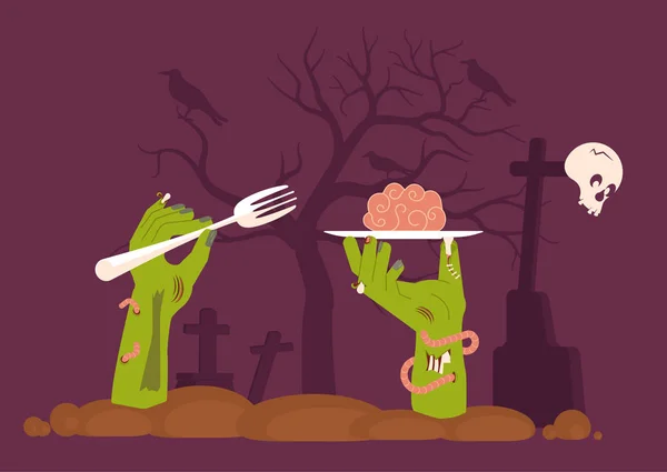 Zombie eats its brains on cemetery Halloween background — 스톡 벡터