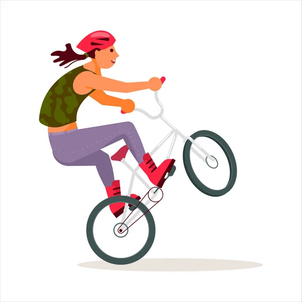 Bicicleta performer com capacete fazendo exercícios figura acrobática — Vetor de Stock