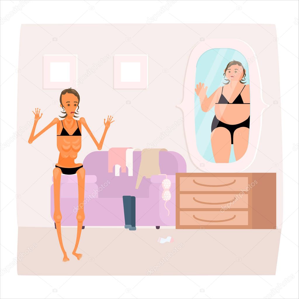 ✓ Eating disorder, anorexia or bulimia concept. Super Skinny woman looking in mirror and seeing herself as overweight. Flat Art Vector illustration premium vector in Adobe Illustrator ai ( .ai ) format,