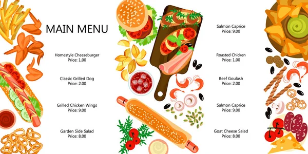Schattig menu met verschillende snacks — Stockvector