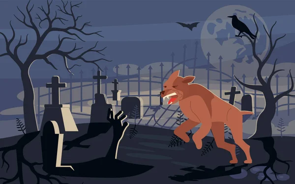 El mítico hombre lobo corre por el terrible cementerio — Archivo Imágenes Vectoriales