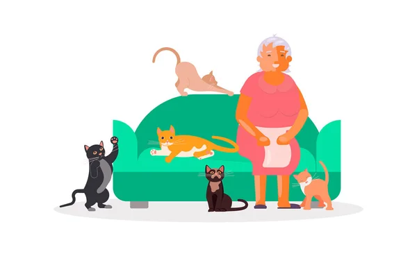 有很多猫的老妇人 — 图库矢量图片