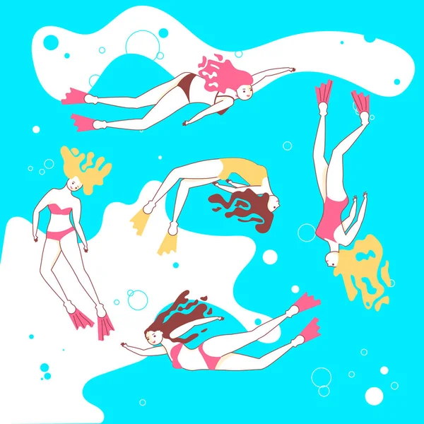 Nyomtatás gyönyörű lányok úszó tenger — Stock Vector