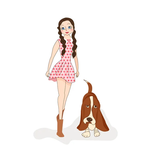 Cute fashion girl with pretty dog — Stock Vector