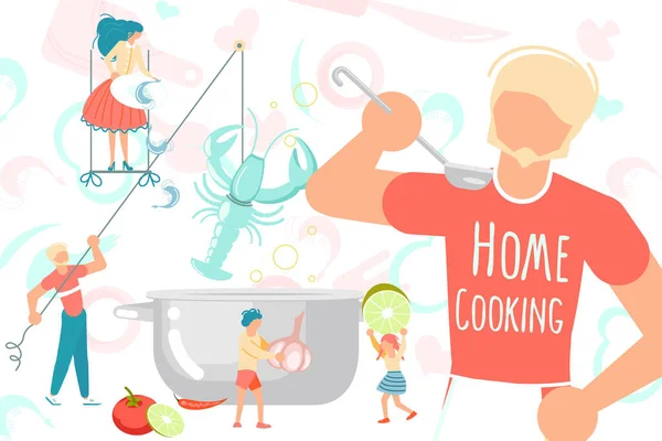 Apró emberek főznek otthon. — Stock Vector
