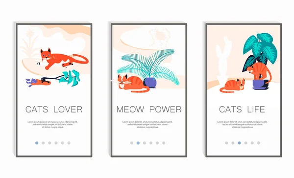 Schermi per app mobili per gattini giocosi — Vettoriale Stock