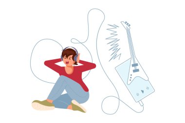 Neşeli çocuk müzik dinliyor.