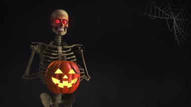 Ürkütücü İskelet Tutucu Parlayan Balkabağı Karanlık Arkaplan