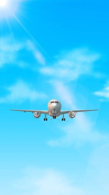 Commercial Airplane Flying High Over Blue Sky