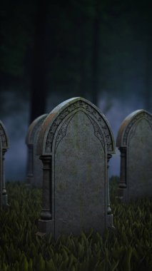 Haunted Graveyard Scene with Foggy Forest Cemetery