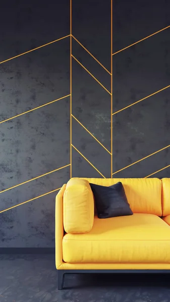 Dark wall panel with gold accent and yellow sofa with black pillow