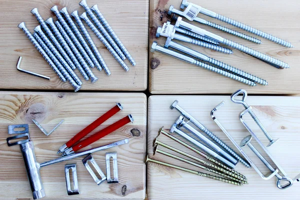 Anchors Screws Bolts Different Lengths Shapes Wooden Boxes — Stock Photo, Image