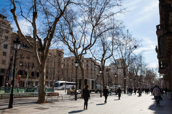 BARCELONA - MARCH, 2018: Famous Passeig de Gracia Avenue in Barcelona Spain