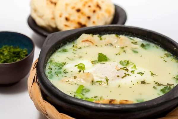 Traditional Colombian Poached Egg Soup called changua — Stock Image Traditional Colombian Poached Egg Soup Called Changua Stock Photo