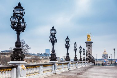 Paris, Fransa - Mart, 2018: Bir dondurucu kış günde Paris Pont Alexandre III
