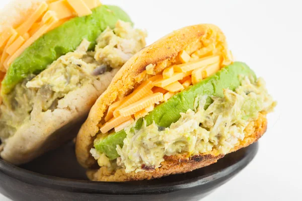 Arepas Filled Shredded Chicken Avocado Served Black Ceramic Dish White — Stock Photo, Image