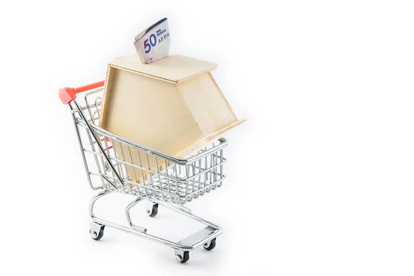 Buying New House Concept House Shaped Money Box Shopping Cart — Stock Photo, Image