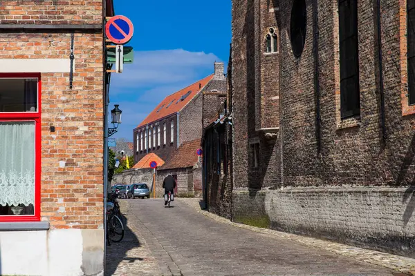 Bruges Belgium März 2018 Biker Den Schönen Strassen Der Historischen — Stockfoto