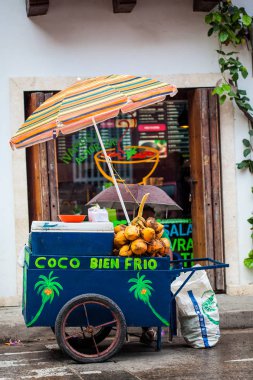 Cartagena De Indias, Kolombiya - Ağustos, 2018: Hindistan cevizi satışı Street su Cartagena de Indias duvarlı şehir