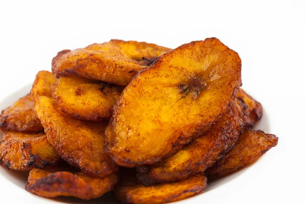 Tranches Plantain Mûres Frites Isolées Fond Blanc — Photo