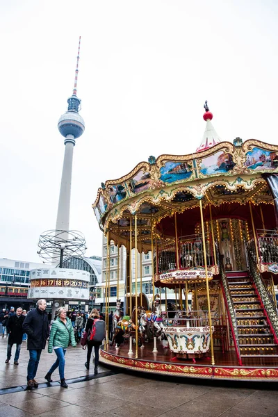 Berlin Deutschland März 2018 Buntes Altmodisches Karussell Alexanderplatz Der Berliner — Stockfoto