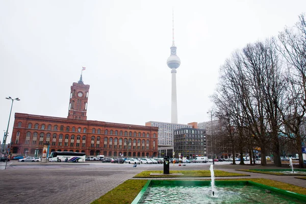 Berlin Deutschland März 2018 Grunerstabe Und Rotes Rathaus Einem Kalten — Stockfoto