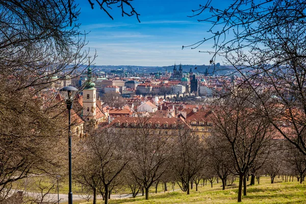 在春天开始的一个阳光明媚的日子里 Petrin 花园看到布拉格市 — 图库照片