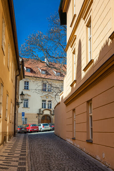 Beautiful streets of Prague in a sunny day at the beginning of spring