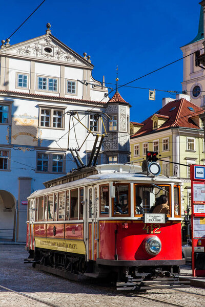 PRAGUE, CZECH REPUBLIC - APRIL, 2018: Historic tram of Prague at the Lower Square