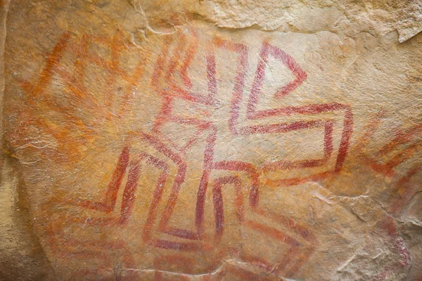 Prehistoric paintings on rock known as petroglyphs in the municipality of Facatativa in Colombia