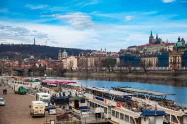 PRAGUE, CZECH REPUBLIC - APRIL, 2018: Vltava river and Prague old twon in a early spring day