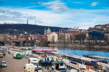 PRAGUE, CZECH REPUBLIC - APRIL, 2018: Vltava river and Prague old twon in a early spring day