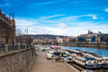 PRAGUE, CZECH REPUBLIC - APRIL, 2018: Vltava river and Prague old twon in a early spring day