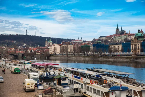 PRAGUE, CZECH REPUBLIC - APRIL, 2018: Vltava river and Prague old twon in a early spring day