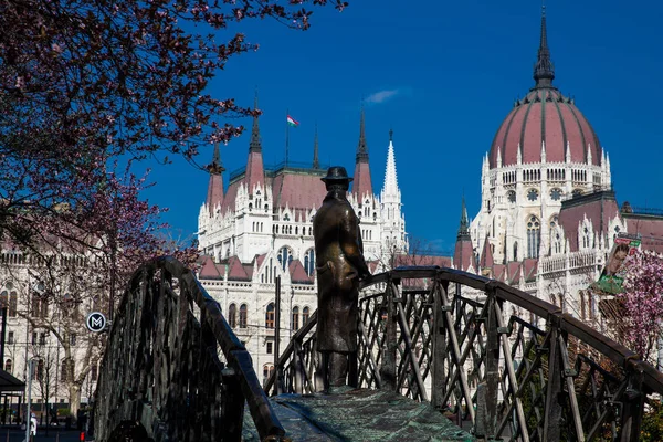 Monumento al ex primer ministro Imre Nagy mirando pensativamente hacia el Parlamento de Hungría — Foto de Stock