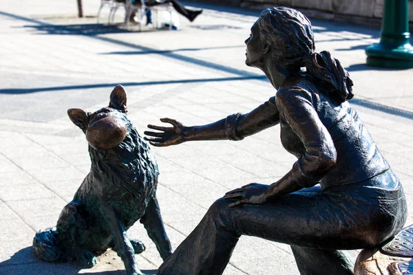 Statue eines Mädchens und ihres Hundes an der schönen Donaupromenade — Stockfoto