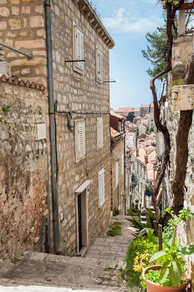 Las hermosas callejuelas empinadas en el casco antiguo amurallado de Dubrovnik — Foto de Stock