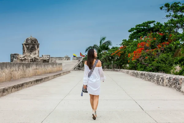 Beyaz elbise, Cartagena de Indias sömürgeci şehir çevreleyen duvarlara yalnız yürüyüş güzel kadın