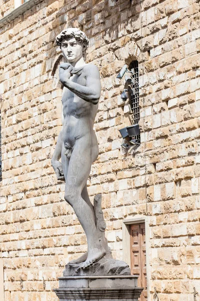 Réplica da estátua de David, a obra-prima do famoso artista italiano Michelangelo colocado na Piazza della Signoria, em Florença — Fotografia de Stock