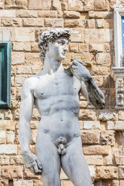 Réplica da estátua de David, a obra-prima do famoso artista italiano Michelangelo colocado na Piazza della Signoria, em Florença — Fotografia de Stock