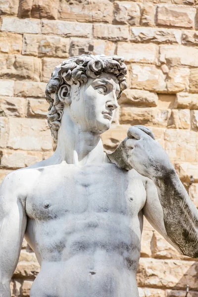 Réplica da estátua de David, a obra-prima do famoso artista italiano Michelangelo colocado na Piazza della Signoria, em Florença — Fotografia de Stock