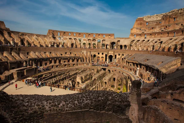 View of the interior of the Roman Colosseum showing the arena and the hypogeum in a beautiful sunny day — Stock Photo, Image