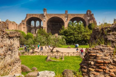 Roma'daki Roma Forumu'nda Maxentius ve Konstantin Bazilikası'na gelen turistler